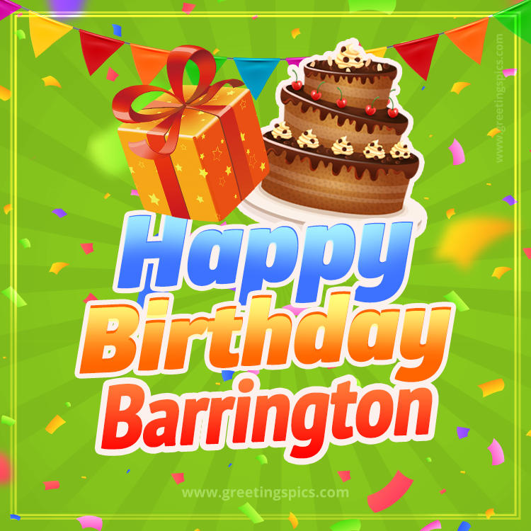 Happy Birthday Barrington picture with flags, chocolate cake and gift box (square shape image)