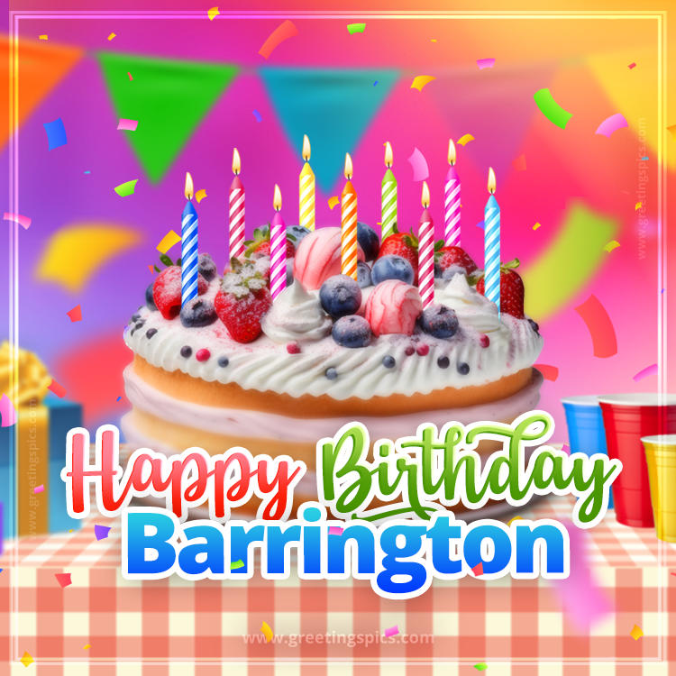 Happy Birthday Barrington Colorful Image with fruit cake and candles (square shape image)