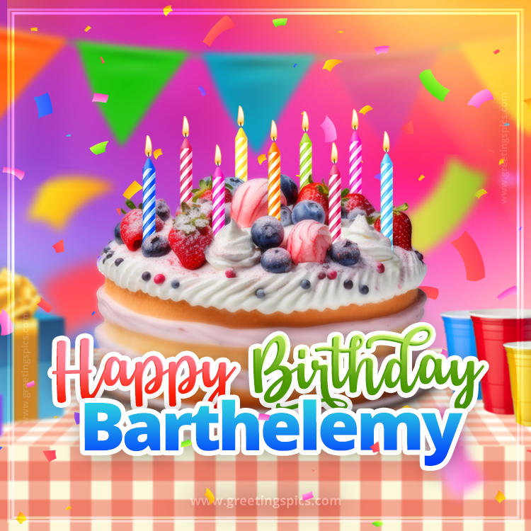 Happy Birthday Barthelemy Colorful Image with fruit cake and candles (square shape image)