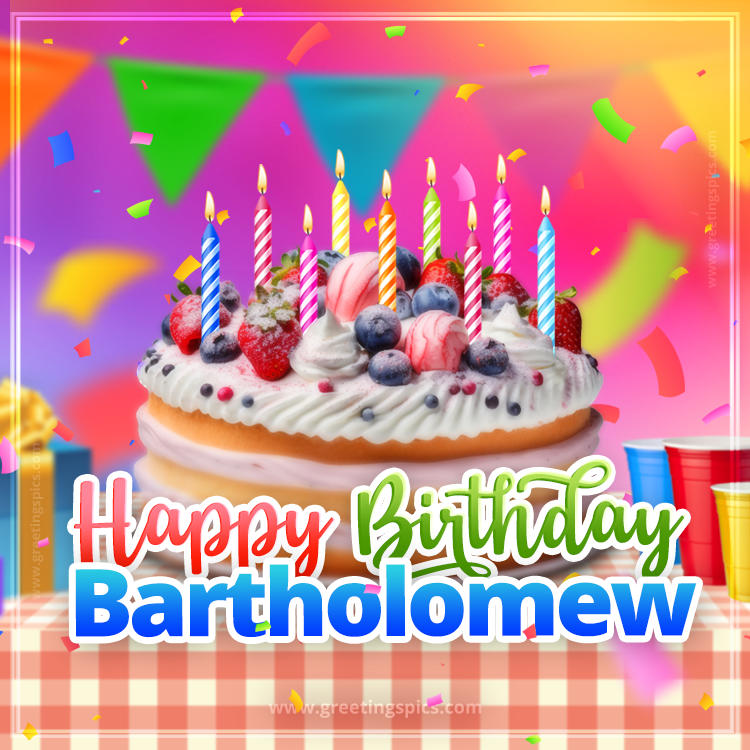 Happy Birthday Bartholomew Colorful Image with fruit cake and candles (square shape image)