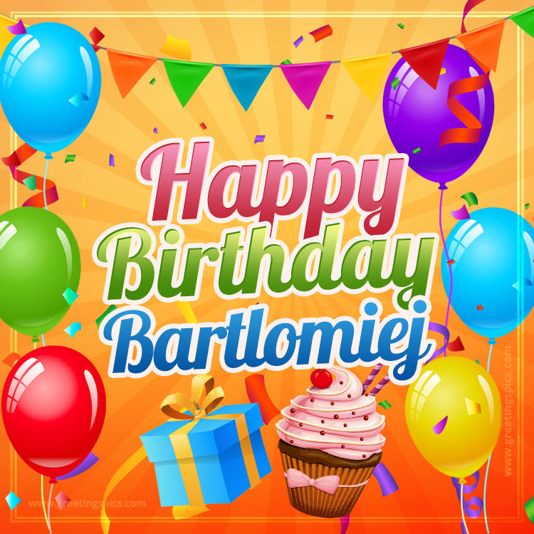 Happy Birthday Bartlomiej eCard with gift box and cupcake (square shape image)