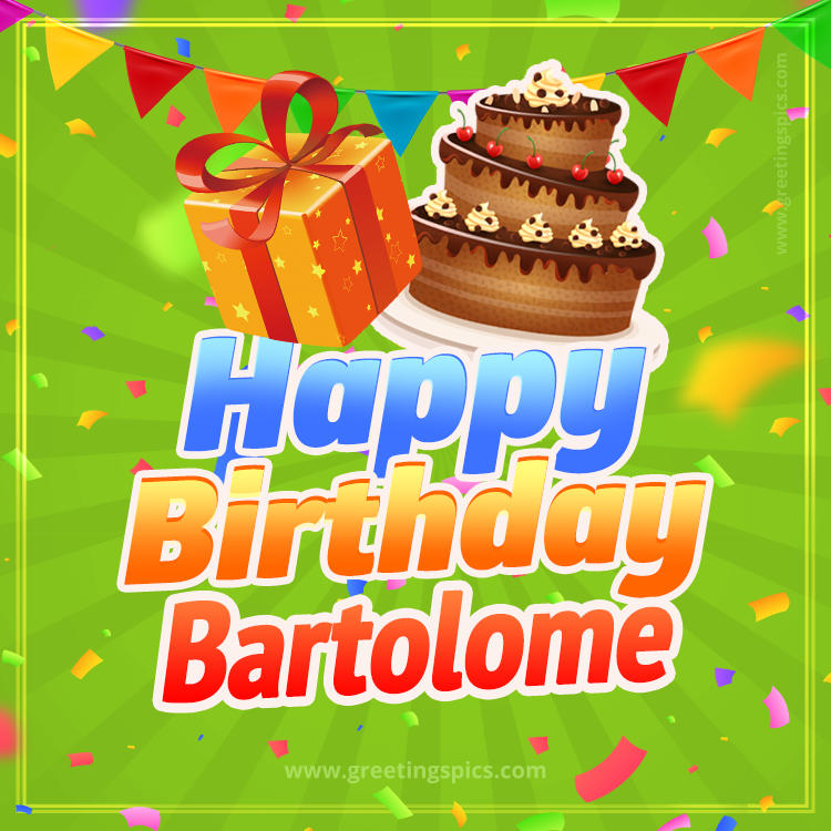 Happy Birthday Bartolome picture with flags, chocolate cake and gift box (square shape image)