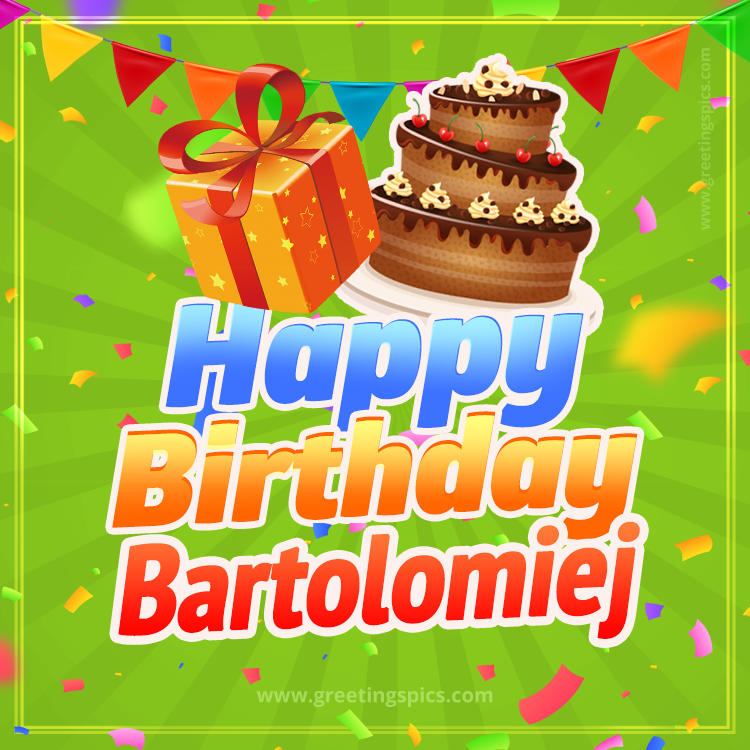 Happy Birthday Bartolomiej picture with flags, chocolate cake and gift box (square shape image)