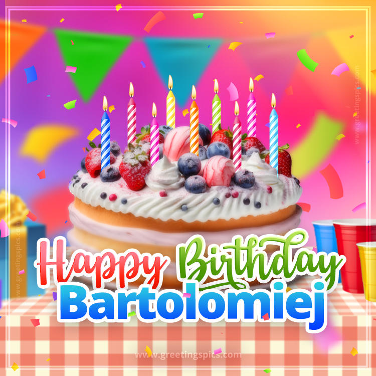 Happy Birthday Bartolomiej Colorful Image with fruit cake and candles (square shape image)