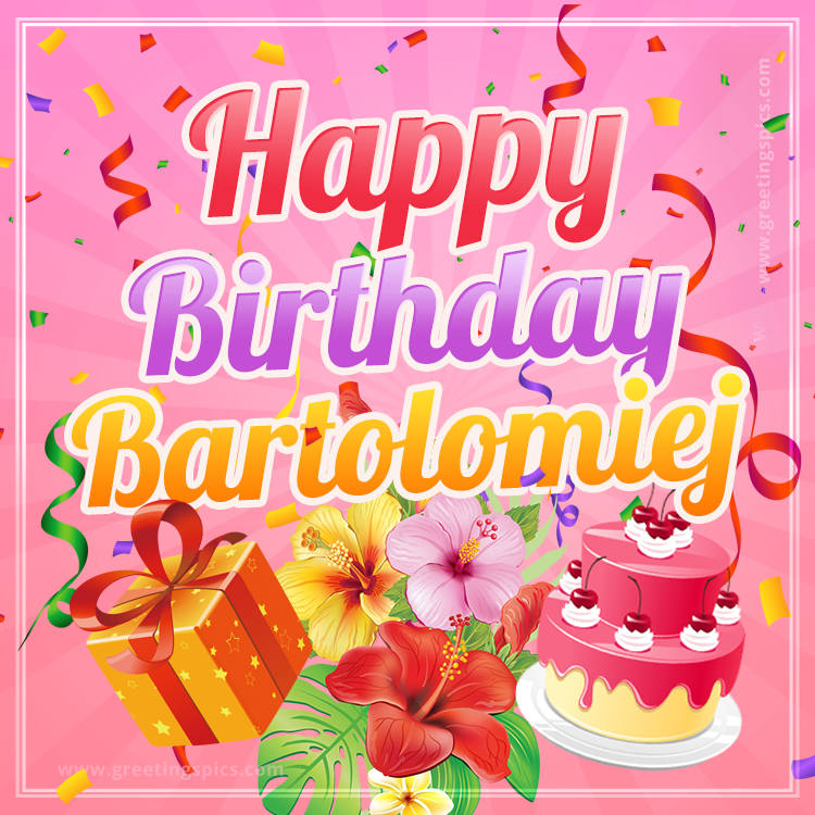 Beautiful Birthday Card for Bartolomiej with pink background (square shape image)