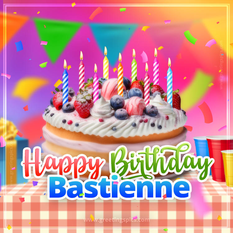 Happy Birthday Bastienne Colorful Image with fruit cake and candles (square shape image)