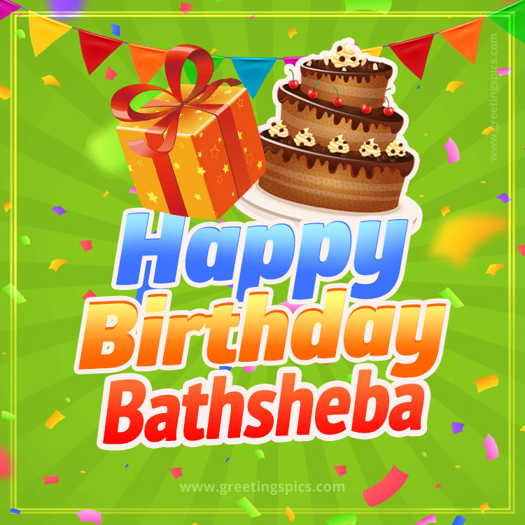 Happy Birthday Bathsheba picture with flags, chocolate cake and gift box (square shape image)