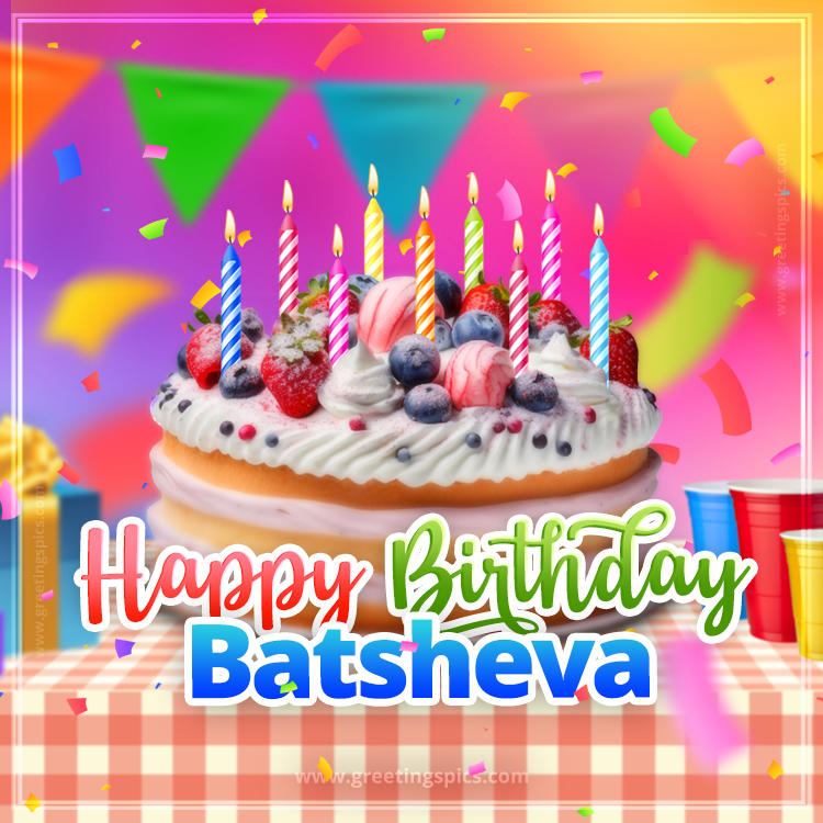 Happy Birthday Batsheva Colorful Image with fruit cake and candles (square shape image)