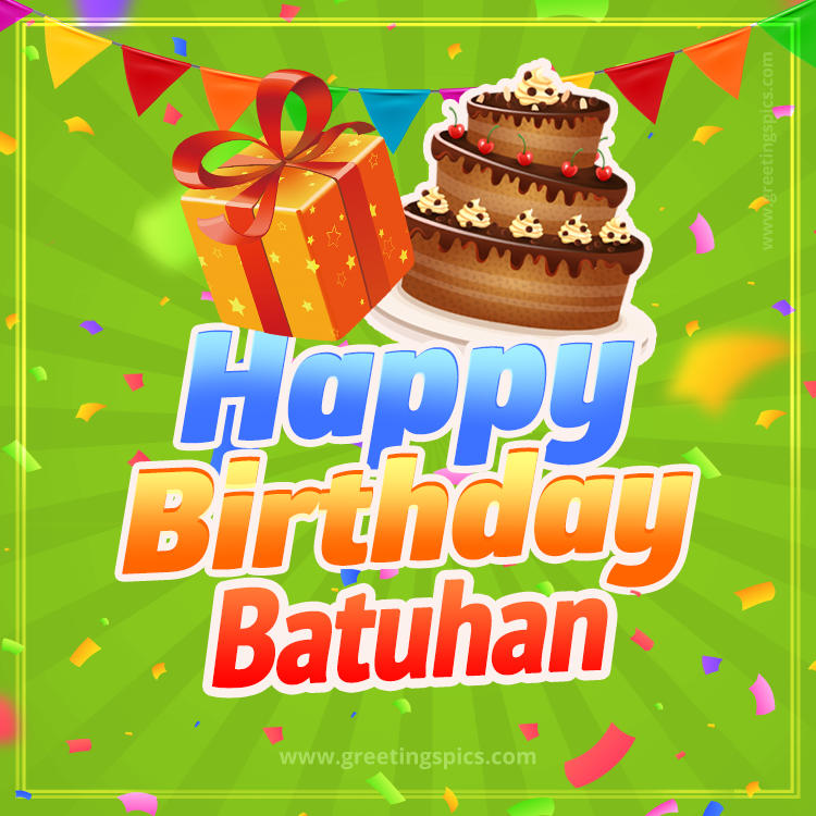 Happy Birthday Batuhan picture with flags, chocolate cake and gift box (square shape image)