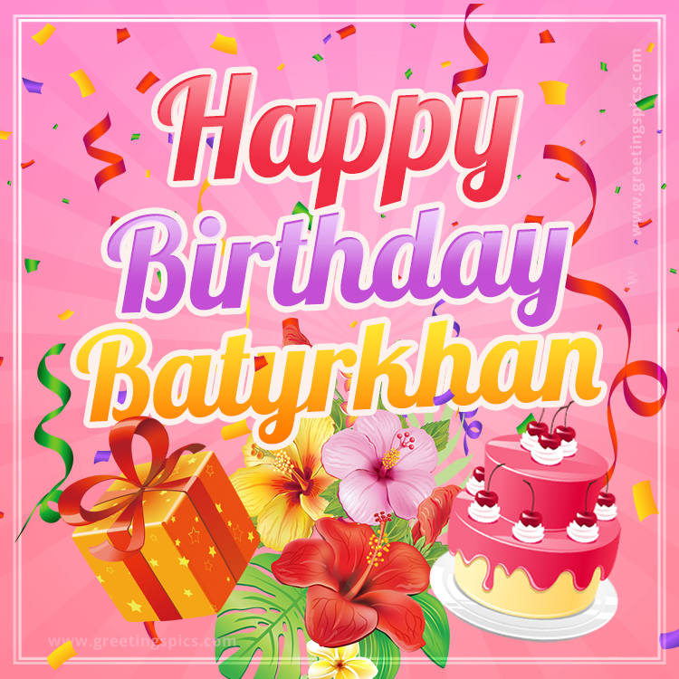 Beautiful Birthday Card for Batyrkhan with pink background (square shape image)