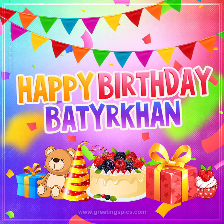 Bright card with Wishes for a Happy Birthday for Batyrkhan (square shape image)