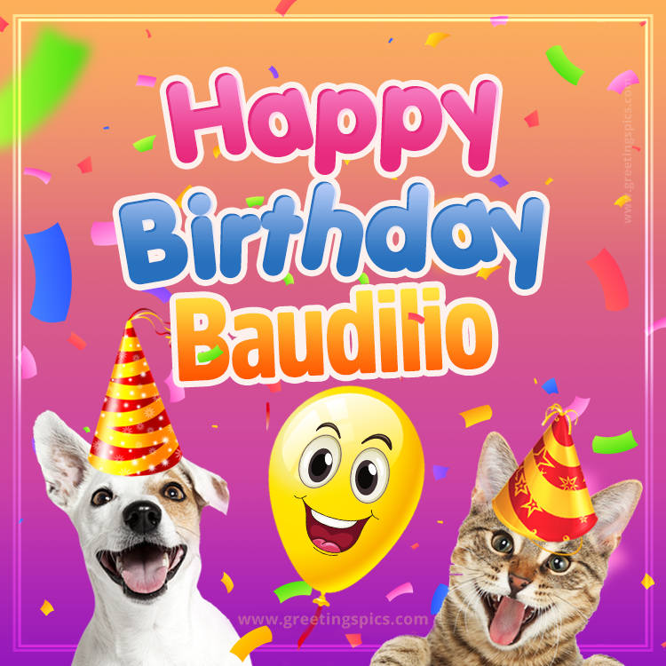 Happy Birthday Baudilio Funny Image with cat and dog (square shape image)