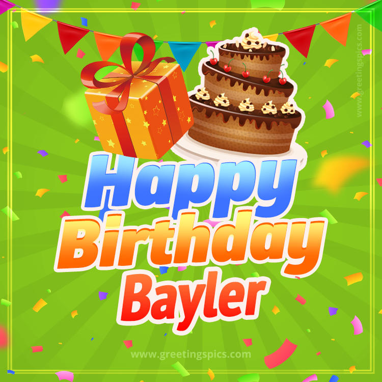 Happy Birthday Bayler picture with flags, chocolate cake and gift box (square shape image)