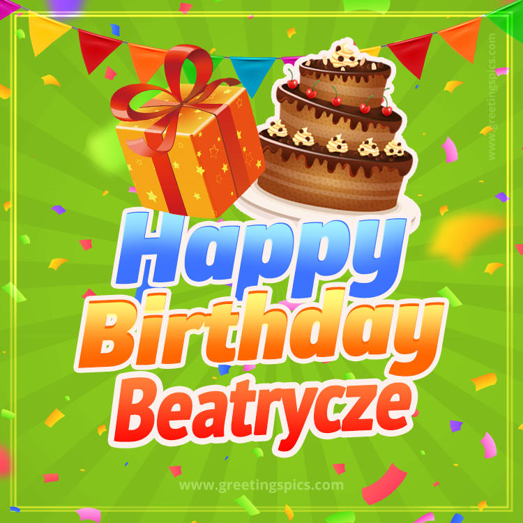 Happy Birthday Beatrycze picture with flags, chocolate cake and gift box (square shape image)