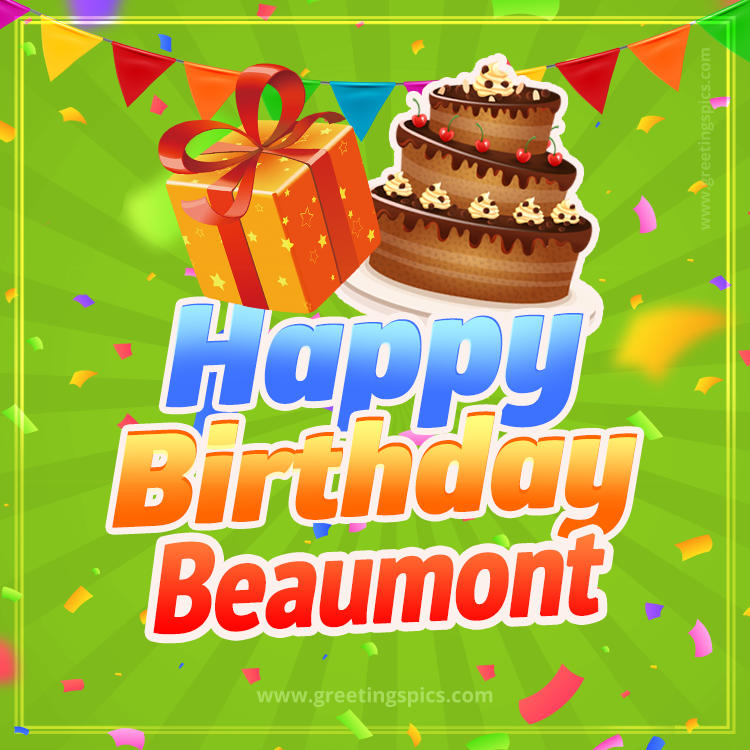 Happy Birthday Beaumont picture with flags, chocolate cake and gift box (square shape image)