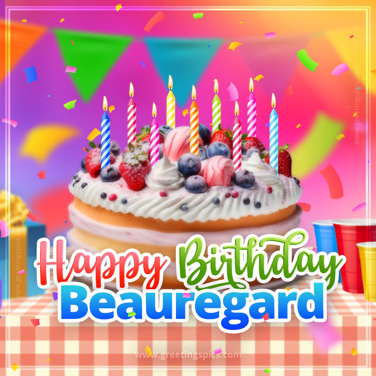 Happy Birthday Beauregard Colorful Image with fruit cake and candles (square shape image)