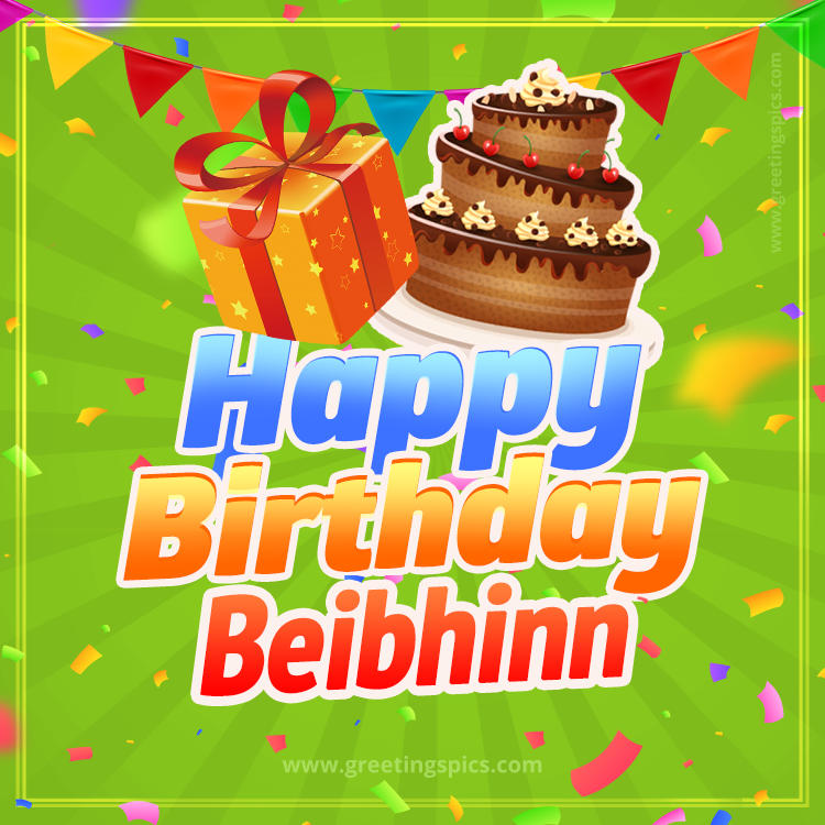 Happy Birthday Beibhinn picture with flags, chocolate cake and gift box (square shape image)