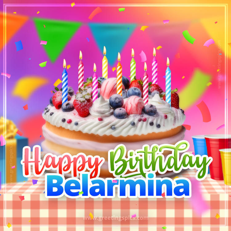 Happy Birthday Belarmina Colorful Image with fruit cake and candles (square shape image)