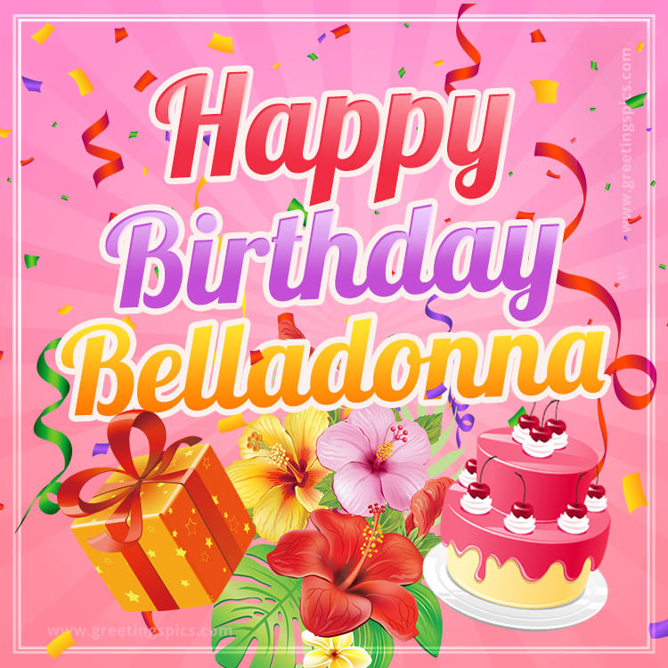 Beautiful Birthday Card for Belladonna with Cake and bouquet of flowers (square shape image)