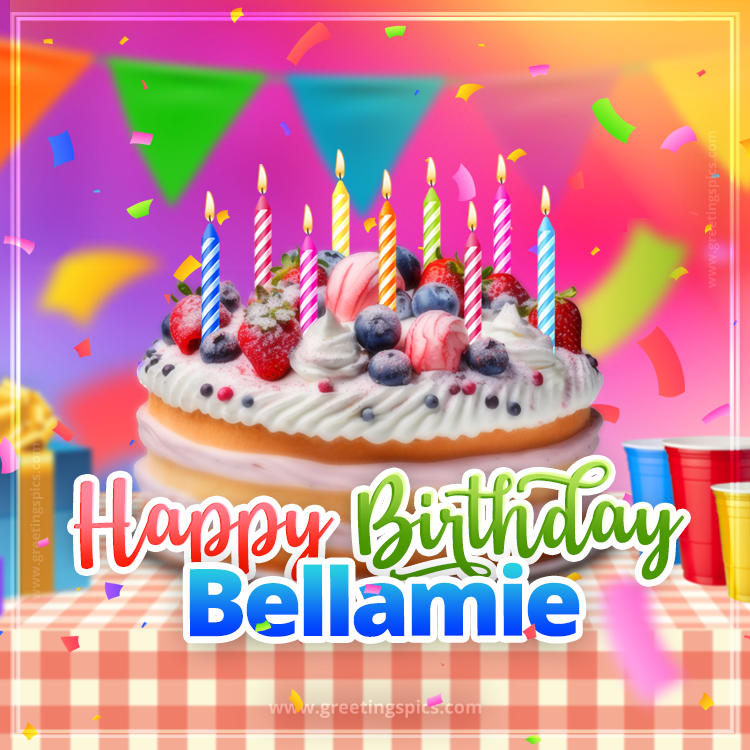 Happy Birthday Bellamie Colorful Image with fruit cake and candles (square shape image)