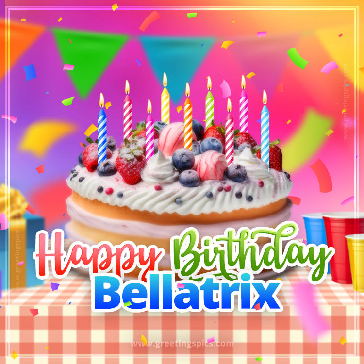 Happy Birthday Bellatrix Colorful Image with fruit cake and candles (square shape image)