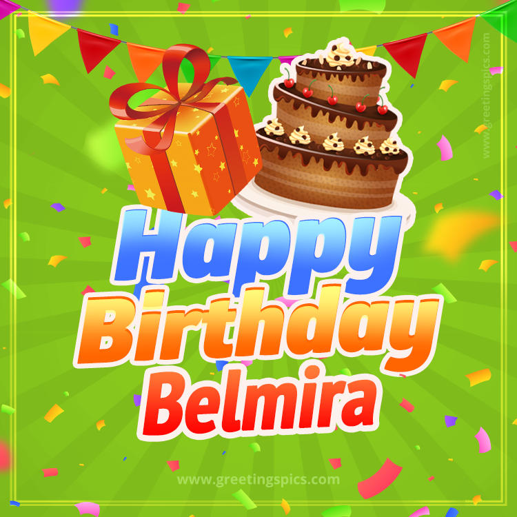 Happy Birthday Belmira picture with flags, chocolate cake and gift box (square shape image)