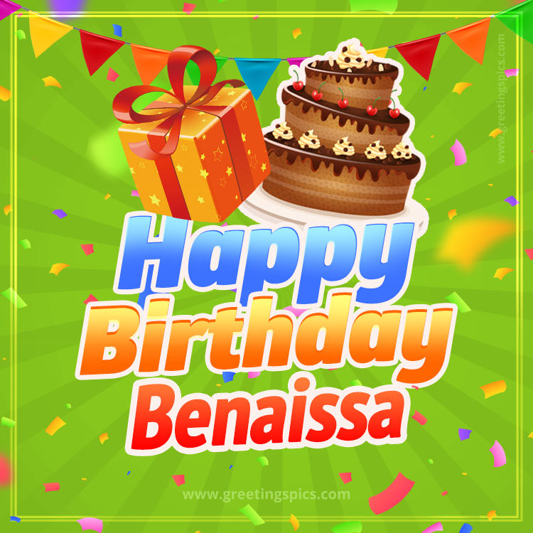 Happy Birthday Benaissa picture with flags, chocolate cake and gift box (square shape image)