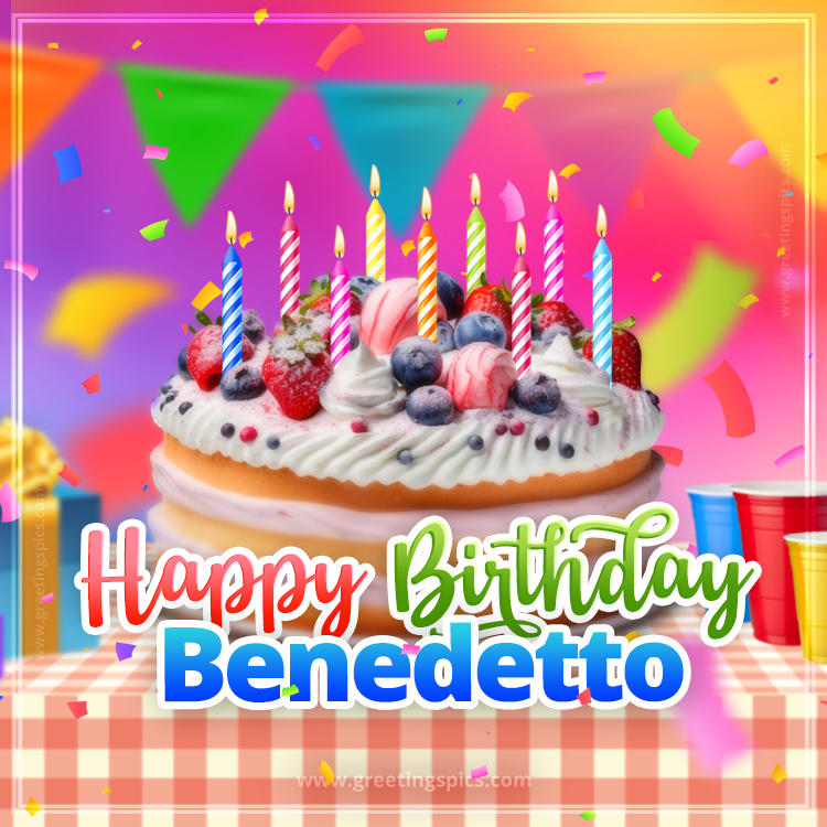 Happy Birthday Benedetto Colorful Image with fruit cake and candles (square shape image)