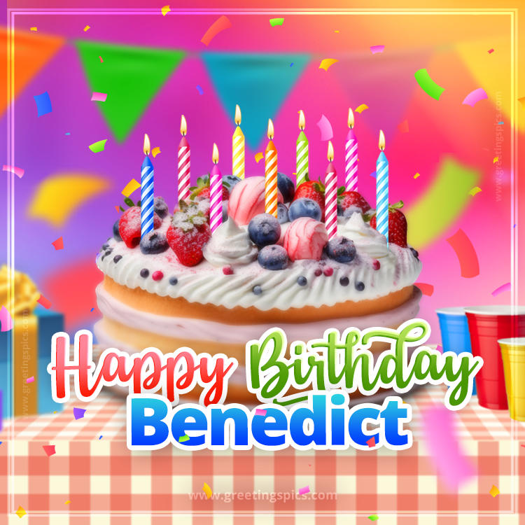 Happy Birthday Benedict Colorful Image with fruit cake and candles (square shape image)