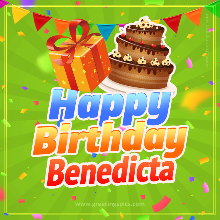 Happy Birthday Benedicta picture with flags, chocolate cake and gift box (square shape image)