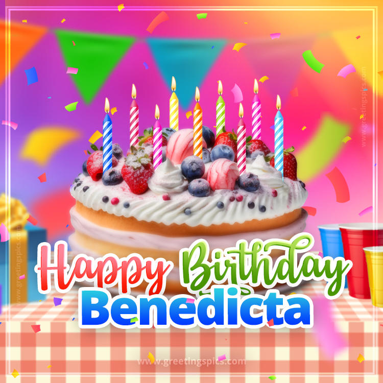 Happy Birthday Benedicta Colorful Image with fruit cake and candles (square shape image)