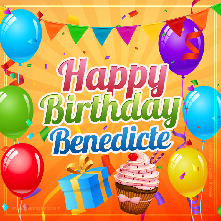 Happy Birthday Benedicte eCard with gift box and cupcake (square shape image)