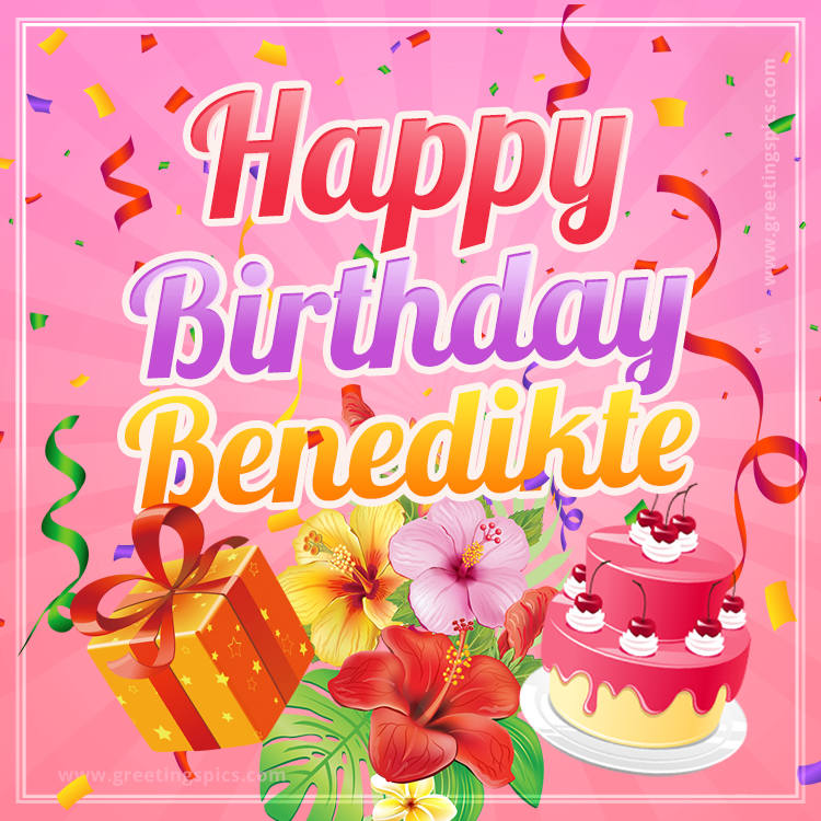 Beautiful Birthday Card for Benedikte with Cake and bouquet of flowers (square shape image)