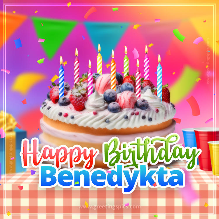 Happy Birthday Benedykta Colorful Image with fruit cake and candles (square shape image)