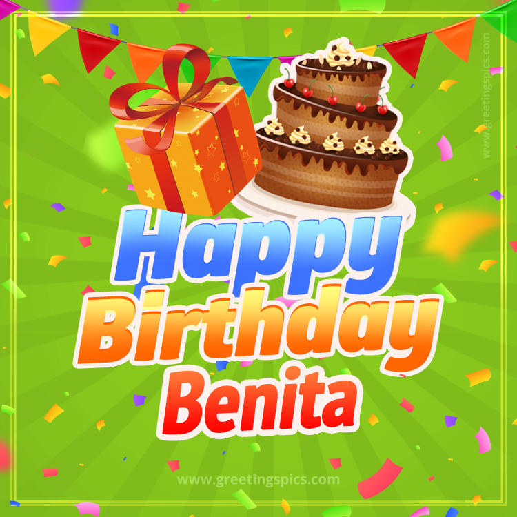 Happy Birthday Benita picture with flags, chocolate cake and gift box (square shape image)