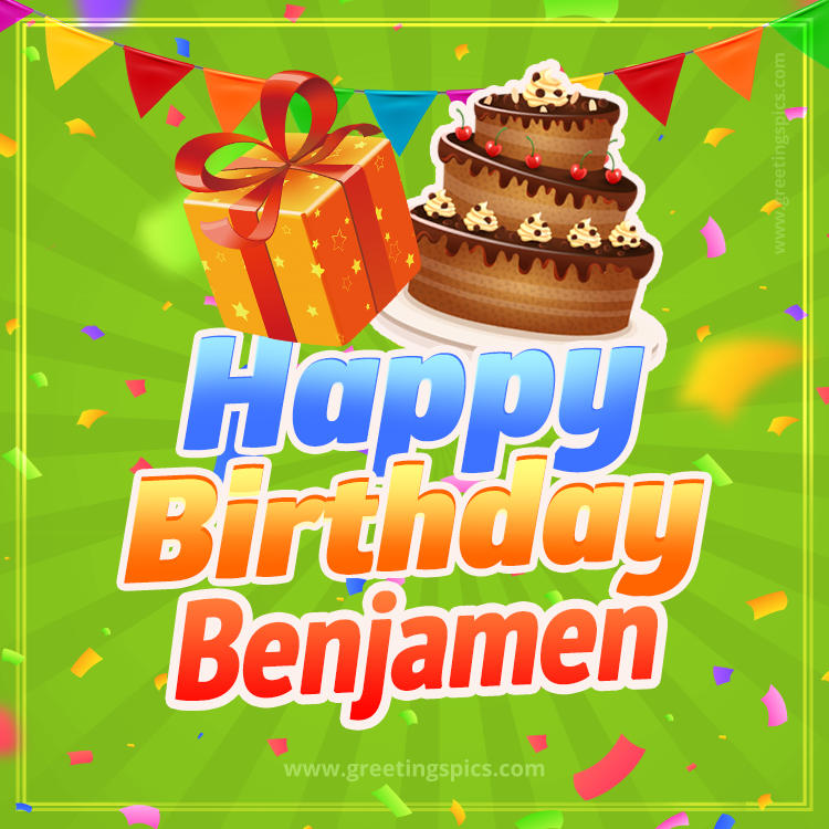 Happy Birthday Benjamen picture with flags, chocolate cake and gift box (square shape image)