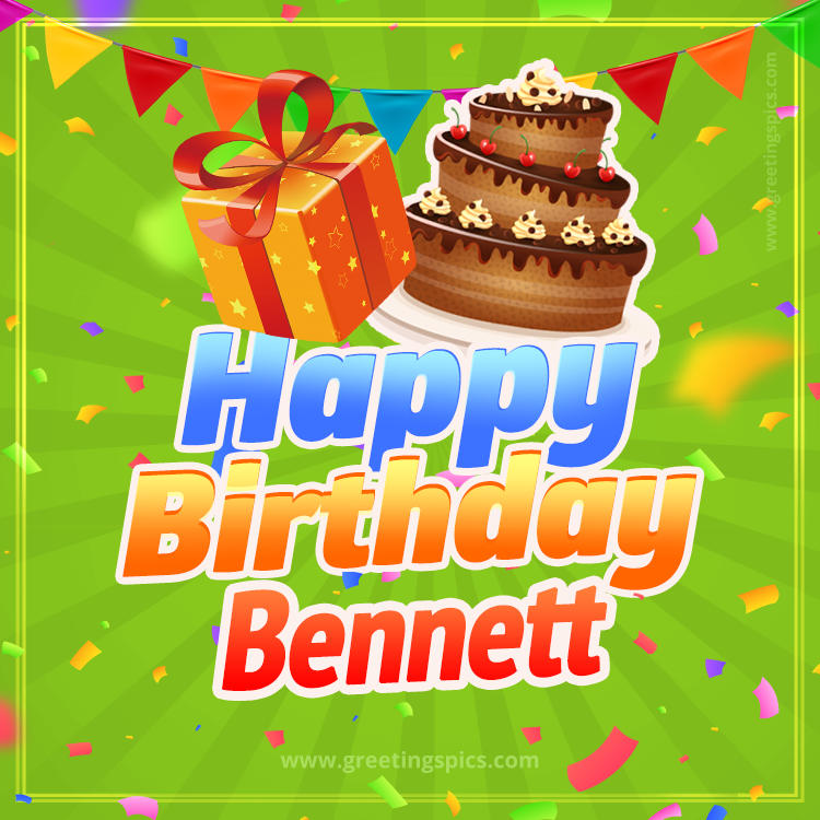 Happy Birthday Bennett picture with flags, chocolate cake and gift box (square shape image)