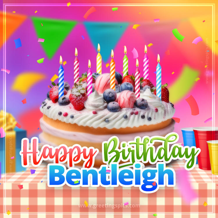 Happy Birthday Bentleigh Colorful Image with fruit cake and candles (square shape image)