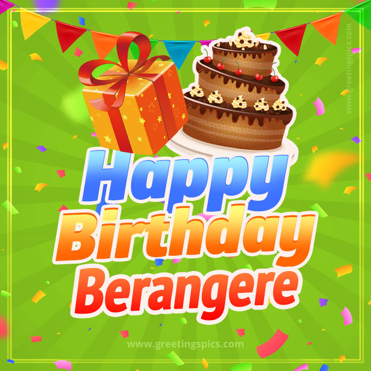 Happy Birthday Berangere picture with flags, chocolate cake and gift box (square shape image)