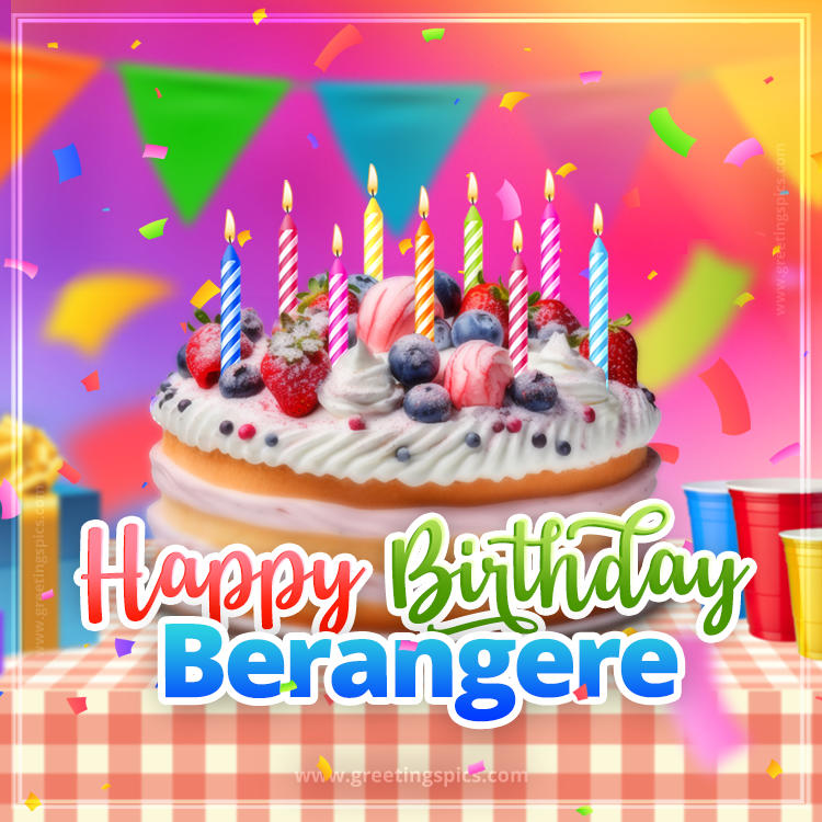 Happy Birthday Berangere Colorful Image with fruit cake and candles (square shape image)