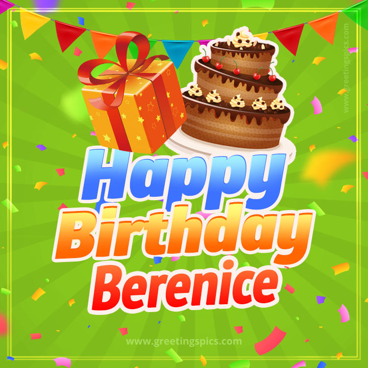 Happy Birthday Berenice picture with flags, chocolate cake and gift box (square shape image)