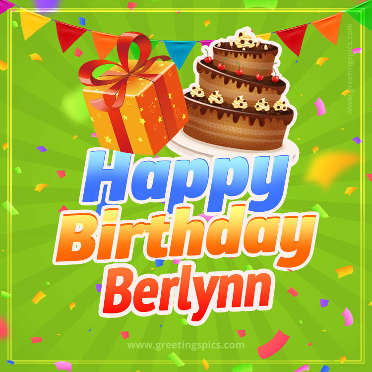 Happy Birthday Berlynn picture with flags, chocolate cake and gift box (square shape image)