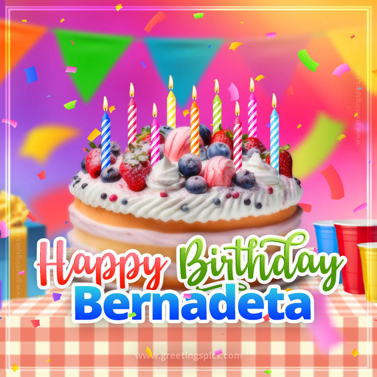 Happy Birthday Bernadeta Colorful Image with fruit cake and candles (square shape image)