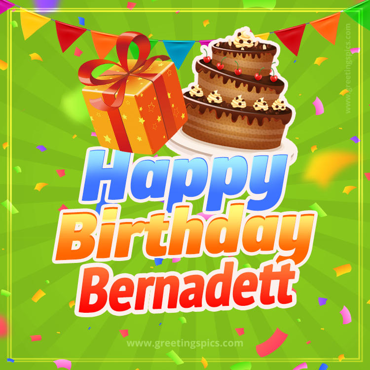 Happy Birthday Bernadett picture with flags, chocolate cake and gift box (square shape image)