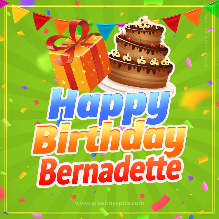 Happy Birthday Bernadette picture with flags, chocolate cake and gift box (square shape image)