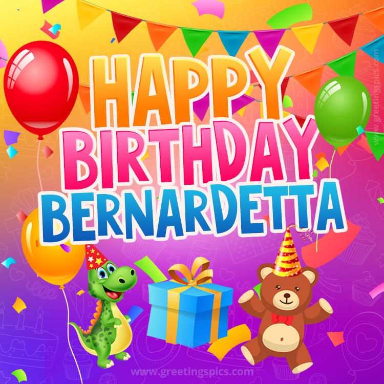 Happy Birthday Bernardetta Image for a child with cute dinosaur and bear (square shape image)