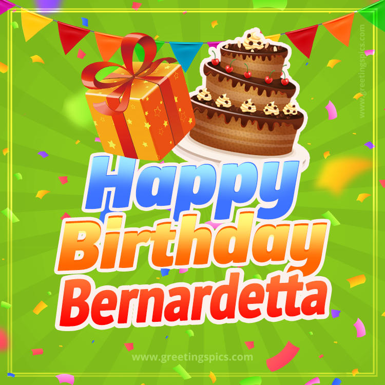 Happy Birthday Bernardetta picture with flags, chocolate cake and gift box (square shape image)