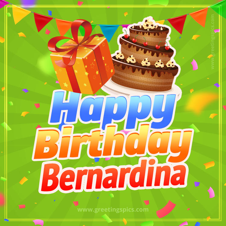 Happy Birthday Bernardina picture with flags, chocolate cake and gift box (square shape image)