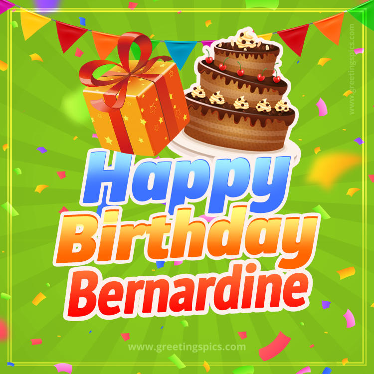 Happy Birthday Bernardine picture with flags, chocolate cake and gift box (square shape image)