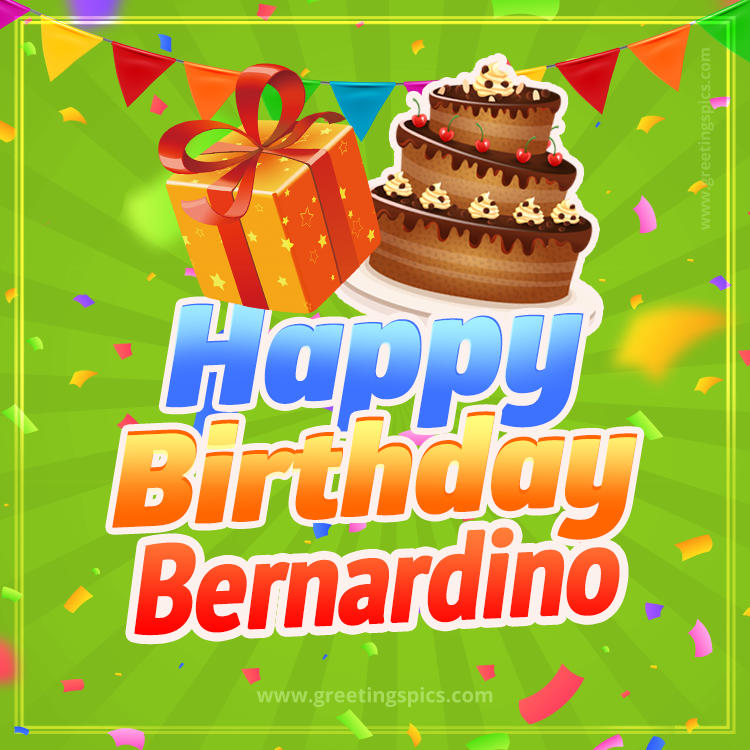 Happy Birthday Bernardino picture with flags, chocolate cake and gift box (square shape image)